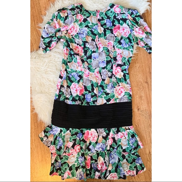 80s Vintage Floral Mermaid Ruffle Dress L - Picture 6 of 6